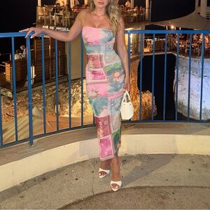 AFRM Strapless Patchwork Midi Dress - Pink & Green